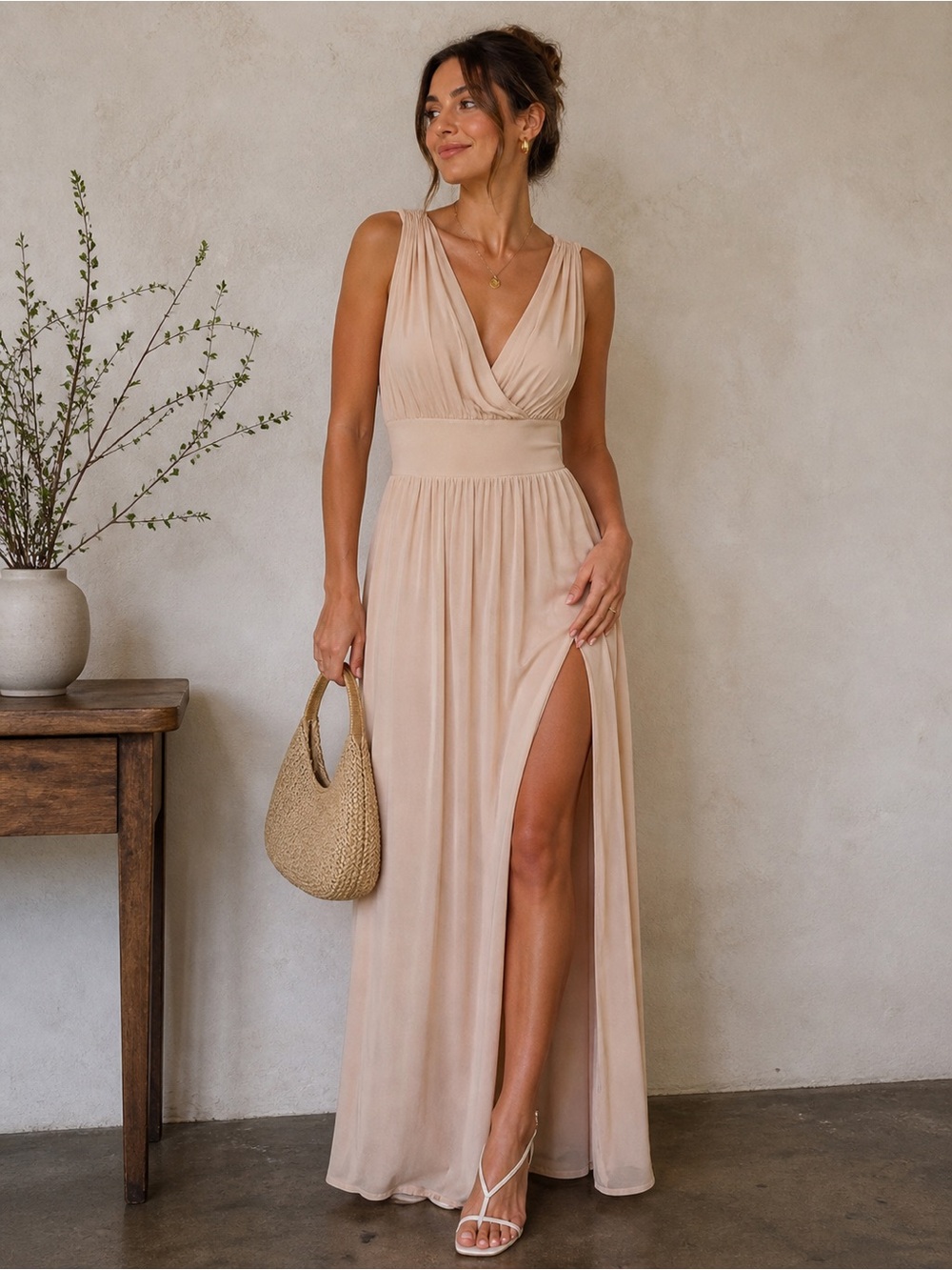 Elegant Slitted Beige Gown